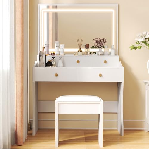 Image of COMHOMA Makeup Vanity Desk with Mirror and Lights, Vanity Table and Chair Set with 5 Drawers & Charging Station, Modern Dressing Table for Girls, Stepless Dimmable & 3 Color Adjustable, Pearl White