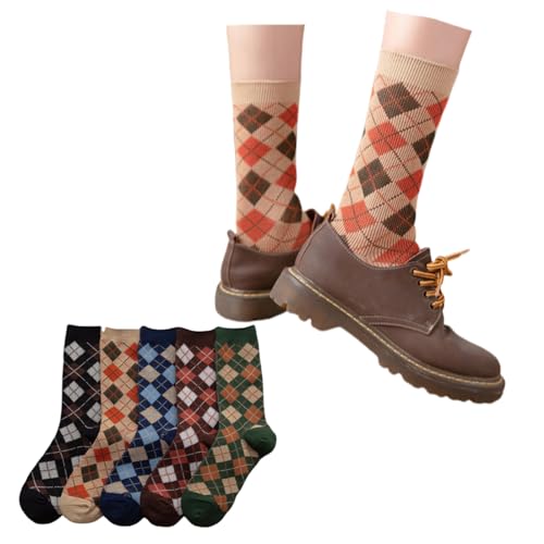 Argyle Socks Retro High Ankle Women Cotton 5 Pairs Double-Needle Double-Layer British Style