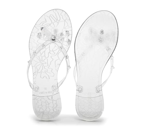 Image of Studded Jelly Shoes for Womens Bow Flip Flops Jellies Sandals Flat Black Summer Beach Thong with Rivets Strappy Slides Slip On