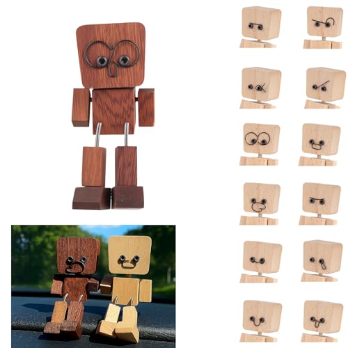 Shaking Wooden Man Figure - Wooden Man Figure with 12 Expressions for Car Shaking Legs Shaky Wobbly Legs and Feet Home Desk Accessories Creative Design Figurine Ornament(1Pcs)