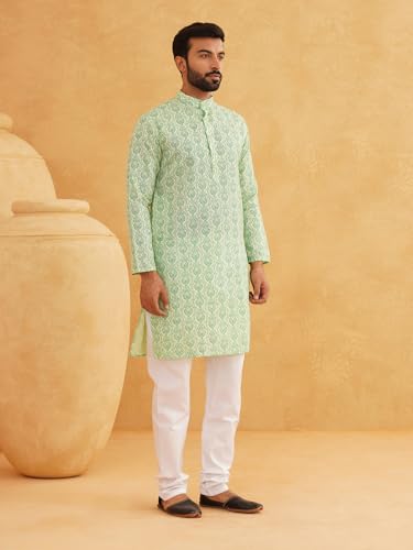 Image of SOJANYA (Since 1958 Men's Cotton Blend Navy Blue & Black Printed Kurta & White Churidar Pyjama Set