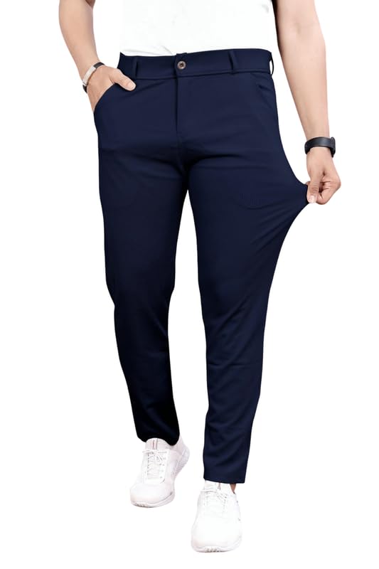 Image of Slim Fit Lycra Blend Pants for Men | Stretchable, Breathable Formal Trousers with Dual Side Pockets & Button Closure | Comfortable for Office, Travel & Casual Wear