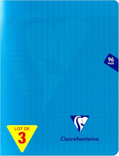 Clairefontaine 323741AMZC Un lot de 3 Cahiers Agrafés Mimesys - 17x22 cm - 96 Pages Grands Carreaux - 90 g - Couverture Polypro - Couleur : Bleu