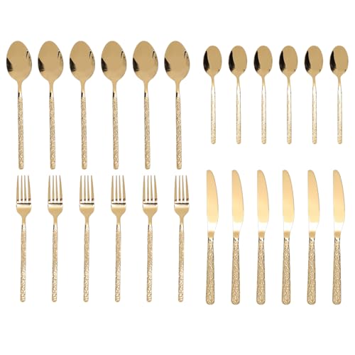 Qcwwy Juego de Cubiertos para 6, Juego de Cubiertos de Acero Inoxidable de Grado Alimenticio con Diseño Martillado, Incluye Tenedores, Cuchillos, Cucharas para el Hogar, Cocina, (Patrón De Piedra Oro)