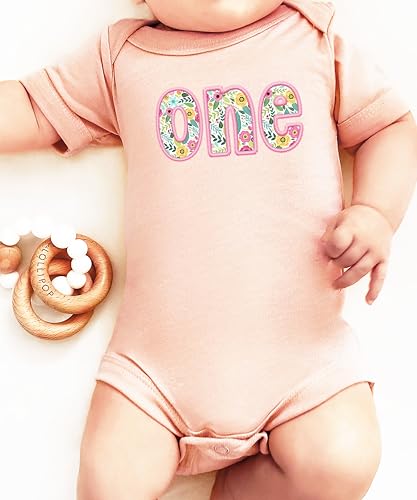 Olive Loves Apple One Ink-Printed Pink Embroidered First Birthday Bodysuit for Baby Girl Floral 1st Birthday Outfit4