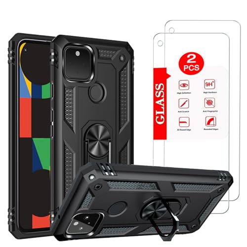 for Google Pixel 5 Case with [2 Pack] Tempered Glass Screen Protector, for Google Pixel 5 5G Case [Military-Grade] Protective，with Magnetic Kickstand Car Mount Holder Black