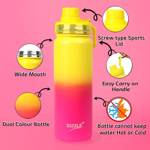Image of Sizzle Element Stainless Steel Water Bottle 750 ML - Lightweight Leakproof Water Bottle with Powder Coating Finish - Dual Yellow-Pink Colour - For Kids & Adults