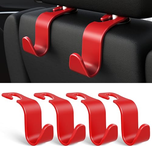 Image of 4-Pack Car Headrest Hooks Holds 55lbs Seat Storage Organizer for Bags | Durable ABS Material, 360 Rotating, Car Hanger for Backpack Umbrella Water Bottle Coat Purses Handbags Groceries, Red