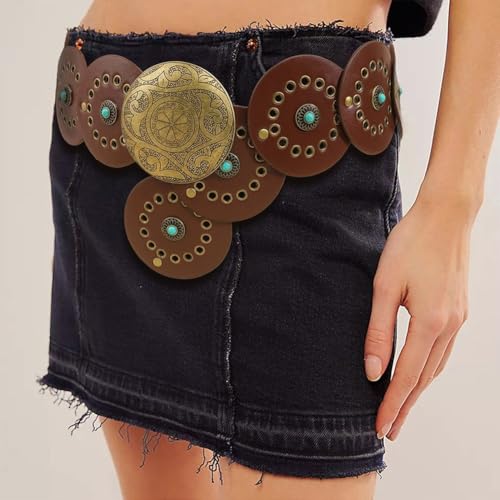 Western Belts for Women Wide Hollow Disc Leather Belt Cowgirl Waist Belt for Dresses with Metal Buckle2