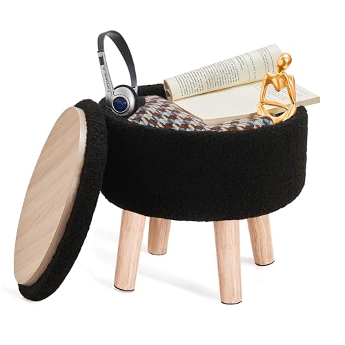 Poofzy Small Ottoman with Storage, Small Foot Stool Ottoman with Wood Legs, Sherpa Foot Rest for...