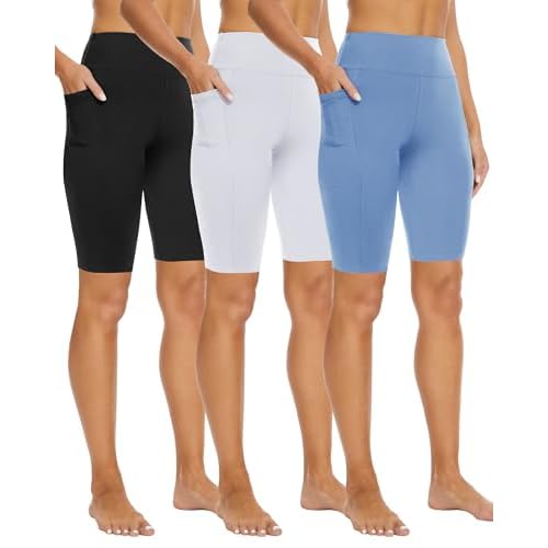3 Pack Biker Shorts with Pockets for Women – 8"/5" High Waisted Tummy Control Workout Spandex Shorts for Gym Yoga 8 IN Small-Medium Black/White/Pale Blue