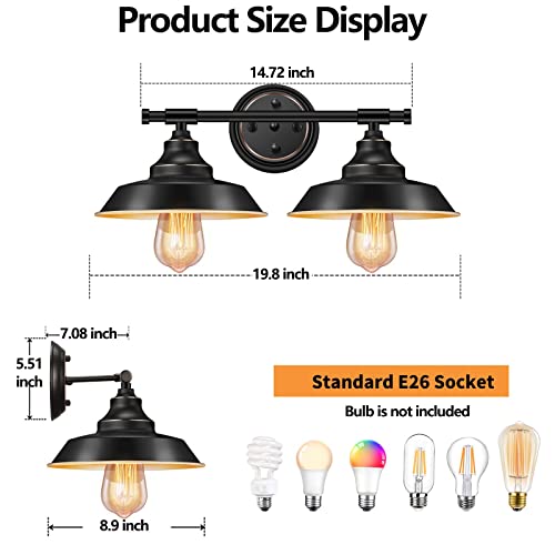 Elibbren-Farmhouse-Rustic-Style-Vintage-2-Lights-Vanity-Wall-Sconce-Lighting-E26-Base-Metal-Matte-Black-Industrial-Bathroom-Wall-Light-Fixture-for-Bathroom2PACK Elibbren Farmhouse Rustic Style Vintage 2 Lights Vanity Wall Sconce Lighting E26 Base Metal Matte Black Industrial Bathroom Wall Light Fixture for Bathroom2PACK