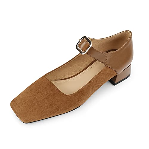 TinaCus Women's Square Toe Genuine & Suede Leather Handmade Buckle Belt Low Chunky Heels Vintage Pumps Shoes