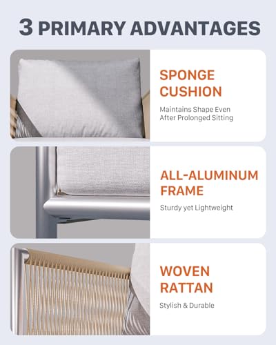 Image of ZANDOR Aluminum Outdoor Patio Furniture 2 Pcs Armchair, All-Weather Metal Modern Outside Furniture with Washable Thick Cushion, HDPE Woven Rope Rattan Bistro Sofa Chair, Garden /Backyard /Porch, Silver