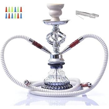 Hookah Pipe DITOSH 11.4in Premium 2 Hose Hookah Complete Set Portable Hookahs Shisha kit Glass Vase Base with Ashtray and Ceramic Bowl and Other Hookah Accessories (White)