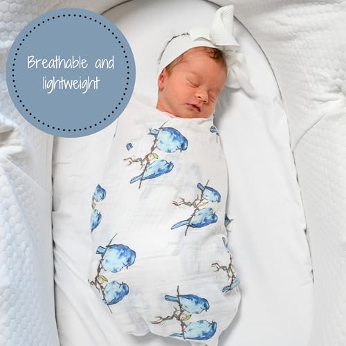 Image of LollyBanks Muslin Swaddle Blankets, Large 47 x 47 Inches Baby Blanket for Boys and Girls, 100% Cotton Baby Swaddle Blanket, Newborn Receiving Blanket for Swaddling, Registry (Bluebird Print)