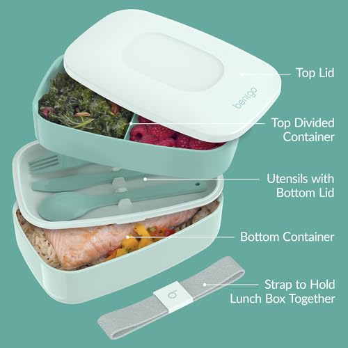 Bentgo Classic - Adult Bento Box, All-in-One Stackable Lunch Box Container with 3 Compartments, Plastic Utensils, and Nylon Sealing Strap, BPA Free Food Container (Coastal Aqua)