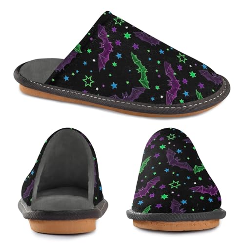 ODAWA Neon Bats Purple Green House Slippers for Woman Men, Winter House Slippers with Memory Foam Anti-Skid Sole Size 4-54