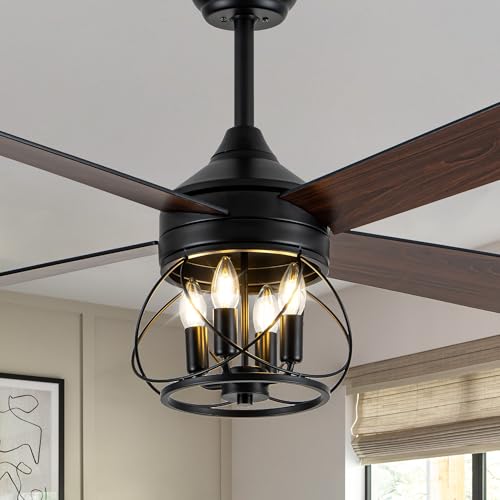 Image of Dawn Whisper 52 Inch Rustic Farmhouse Ceiling Fans with Lights and Remote Quiet and Reversible DC Motor Black Industrial Caged Ceiling Fan for Bedroom Living Room