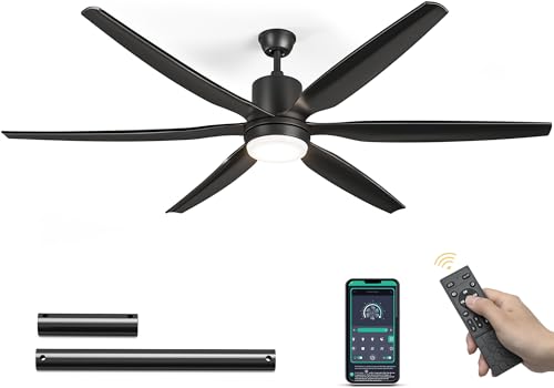 DWVO 65" Black Ceiling Fan with Lights and Remote, Modern Smart Ceiling Fan with App & Remote Control, Quiet Reversible DC Motor, 3CCT,6 Speed, 6 Blade, for Living Room, Bedroom