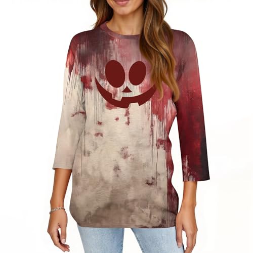 Halloween Shirts for Women 3/4 Sleeve Plus Size Crewneck Loose Fit Cute T Shirt Halloween Costumes for Women 2025
