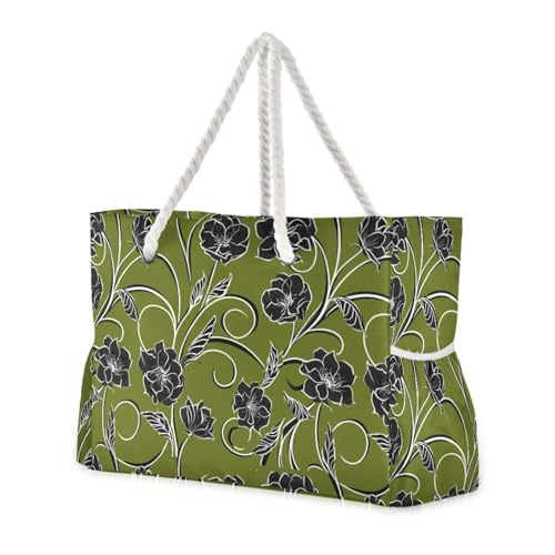 Black Lowers on Olive Green Beach Bag & Travel Tote Bag Large Sandproof with Zipper Closure, Wet Pouch for Swim Gym Travel, Lightweight Foldable Outdoor Bag