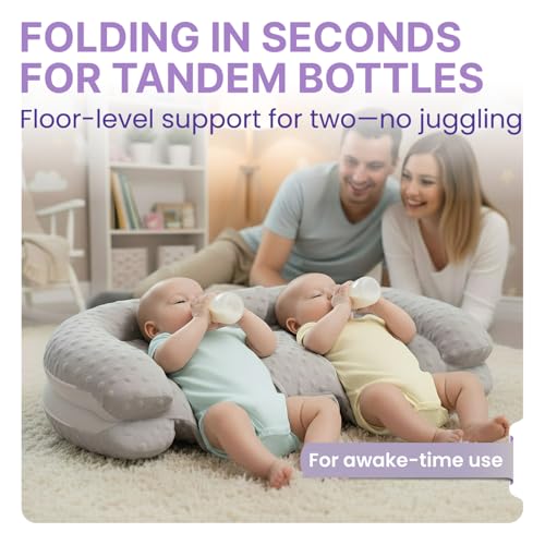 Image of Twins Baby Play Mats for Floor Activity Gym - 5-in-1 Support Cushion Baby Play Mat Tummy Time Mat for Supervised Bonding with Arch, Plush Toys, Flashcards & Developmental Book - Grey