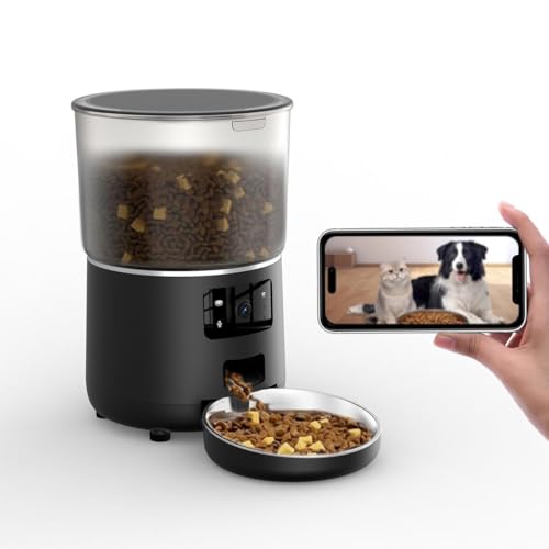 NPET Automatic Cat Feeder, WiFi Dog Food Dispenser with APP Remote Feeding, 4L/140.8 OZ Large Capacity,1-9 Meals Portions,10s Meal Call, with a Desiccant, Suitable for Cats, Dogs (Black-Video)