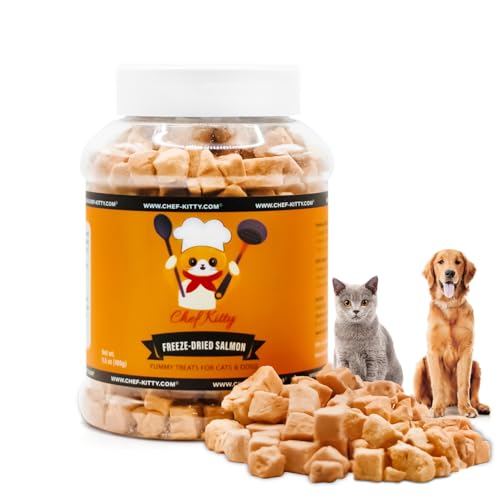 Chef Kitty Freeze-Dried Salmon Treats for Cats & Dogs – 100% Wild Caught, Single Ingredient, High-Protein, Healthy Snack – No Additives or Preservatives – 2.6oz - Inspected & Tested in USA