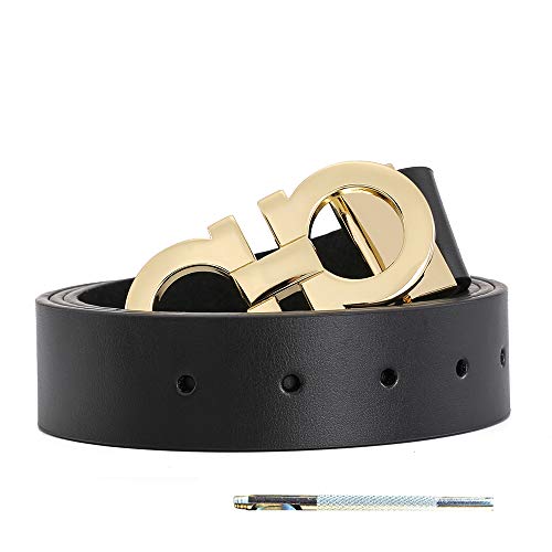 Men's Fashion Dress Belt Comfort Leather Adjustable Buckle by Trim to Fit (StyleA gold-black, Adjust Waist 26" - 42")