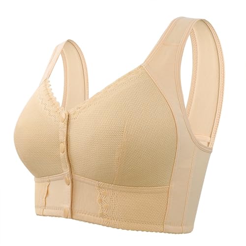 Daisy Bras for Older Women Front Closure Push up Bra No Underwire Senior Bra with Snaps 2025 Upgraded Breathable Cotton Bralette Beige 54