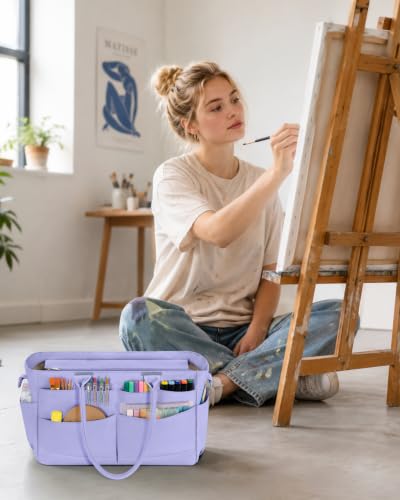 Image of Marscamd Craft Organizer Tote Bag, Art Supply Caddy, Purple | with 11 Exterior Pockets, Zip-Top Closure, Detachable Shoulder Strap, Large Capacity for Art, Crafts & Sewing