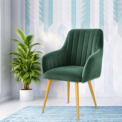 Image of Taboo Velvet Accent Chair with Armrests | Upholstered Luxury Lounge Dining Arm Chair | Soft Cushioned Seat with Backrest | Modern Velvet Chair with Gold Metal Legs for Living Room & Bedroom | Green