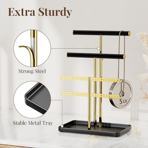 pickpiff Jewelry Holder Organizer with Velvet, Adjustable 10"-17" Tall, Metal Stand for Display Bracelet, Necklace, Earrings, Rings, Black and Gold