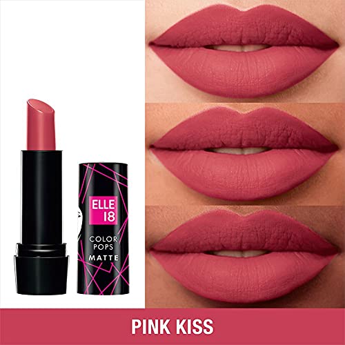 Image of Elle 18 Color Pops Matte Lipstick, Pink Kiss, Moisturising Bullet Matte, with Vitamin E, Highly Pigmented, Infused with Jojoba Oil and Shea Butter | 4.3 g
