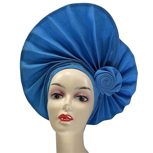 Luxury Nigerian ASO Oke Headtie Already Made African Headties Women Headbands Turban Cap Auto Gele Headgear 18025 (Sky Blue)