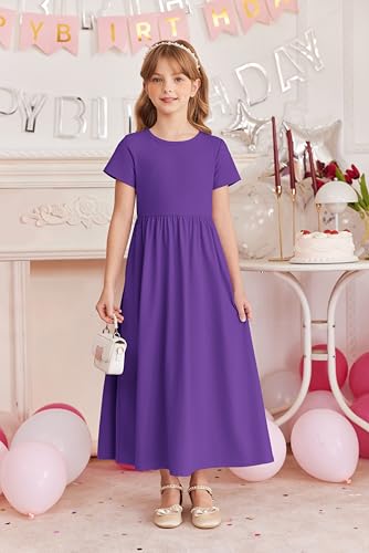 Image of Arshiner Girls Maxi Dress Long /Short Sleeve Casual Holiday Dress with Pockets for 5-13 Years