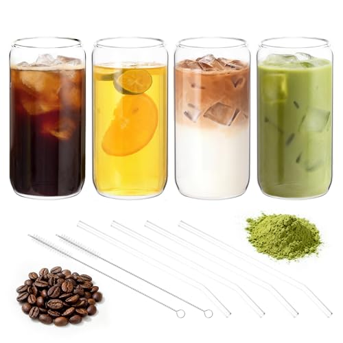 Hejo Set di 4 Bicchieri per Caffè Freddo, Bicchieri in Vetro Trasparente da 500 ml con Cannuccia, Graziosi Bicchieri per Caffè Freddo, Matcha, Succhi di Frutta, Frullati, Domestico e Bar