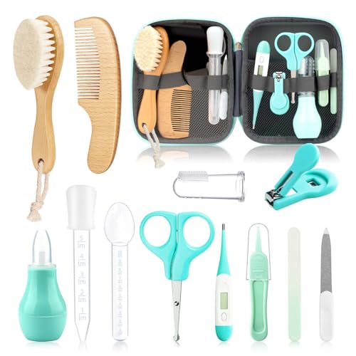Image of Esonto Baby Healthcare and Grooming Kit, Baby Wooden Hair Brush and Comb Set,Health Care Set with Hair Brush Scale Measuring Spoon Nail Clippers (13pcs, Green)