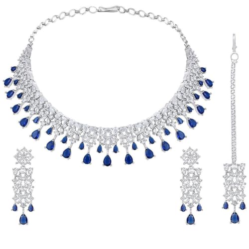Image of ASMITTA Jewellery Silver American Diamond Necklace Set with Maang Tikka | Traditional Rhodium-Plated CZ Jewellery Sets for Women | Perfect for Bridal Weddings, Festivals & Special Occasions