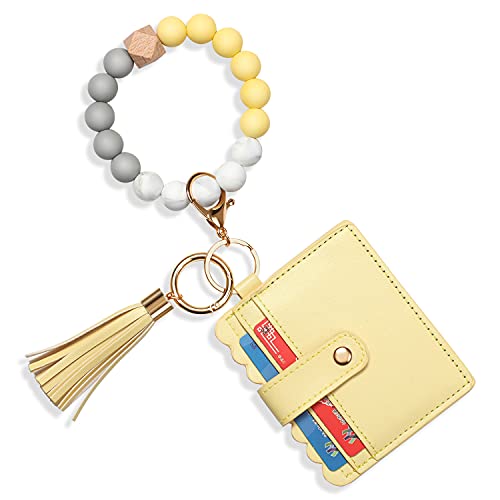 Keychain Bracelet With Wallet ,Silicone Bead Tassel Key Ring Wristlet With Card Holder Keychain (KeyG03_Cream Yellow)