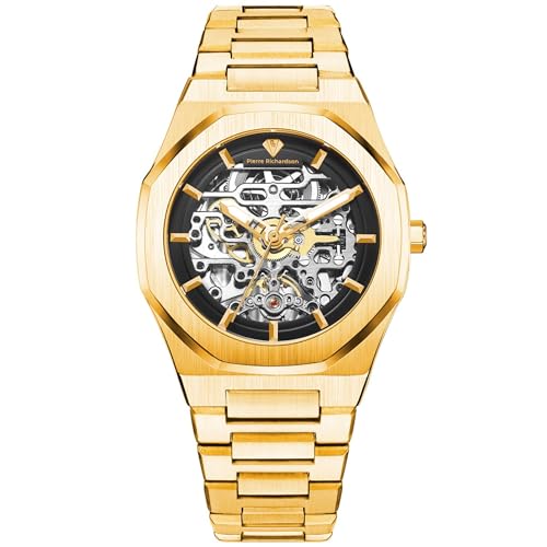 PIERRE RICHARDSON PR5721 Men’s Skeleton Watch, Silver Stainless Steel, Automatic, 41mm, Sapphire, 5ATM, Pr5722 - Gold, Classic