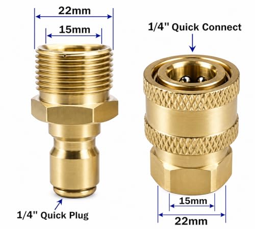 Image of Quick Connect Adapter Fittings for Pressure Washer Hose Pipe M22 x 15 | Heavy Duty Brass Coated Quick Release Coupler Set | Leak Proof Connector | (Set of 2 Male & 2 Female Adapters)