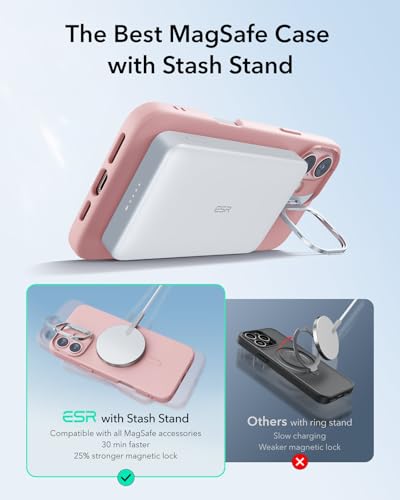 Image of ESR for iPhone 16 Case, Silicone Case with Stand, Compatible with, Military-Grade Protection, Built-in Camera Stash Stand, Magnetic Phone Case for iPhone 16, Cloud Series, Pink