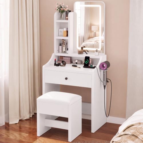 Image of Sweetcrispy Vanity Desk with LED Lights Mirror & Power Outlet