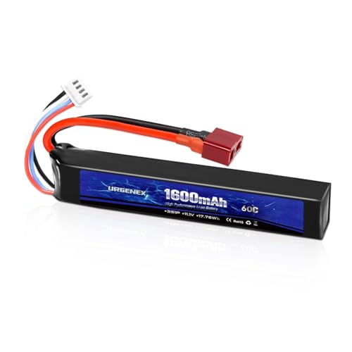 URGENEX Airsoft Battery 11.1V 1600mAh 60C High Discharge Rate Lipo Battery Pack with Dean-Style T Plug Rechargeable 3S Lipos Fit for Airsoft Model Guns