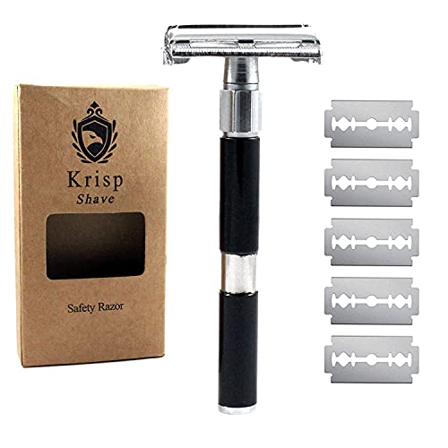Krisp Beauty Double Edge Safety Razor, (4 Inch Long) Butterfly Open Men Women Wet Shaving Razor with 5 Shaving Blades