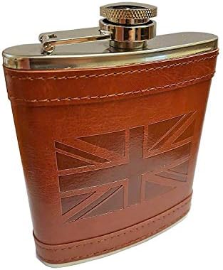 Stainless Steel Hip Flask with Union Jack Brown Leather Cover, British Collectable