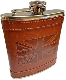 Stainless Steel Hip Flask with Union Jack Brown Leather Cover, British Collectable