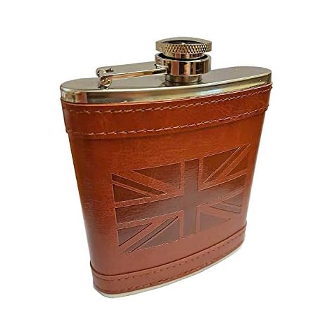 Stainless Steel Hip Flask with Union Jack Brown Leather Cover Cover